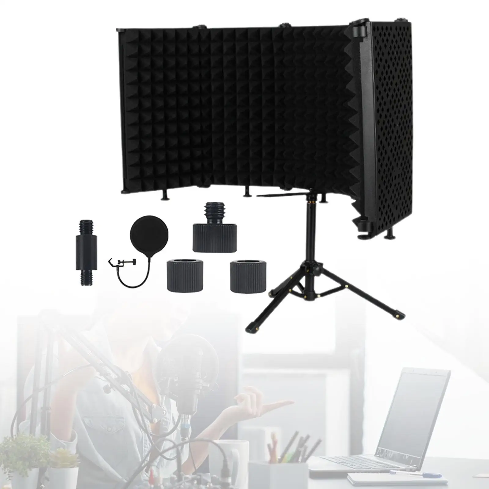 Microphone Isolation Shield 5 Panel Foldable with Tripod Stand