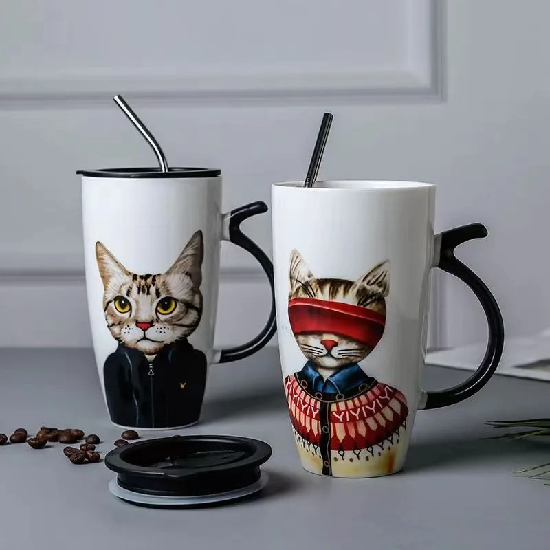 Caneca do casal bonito gato cerâmica café com tampa grande capacidade canecas animais criativo drinkware café chá novidade presentes copo de leite