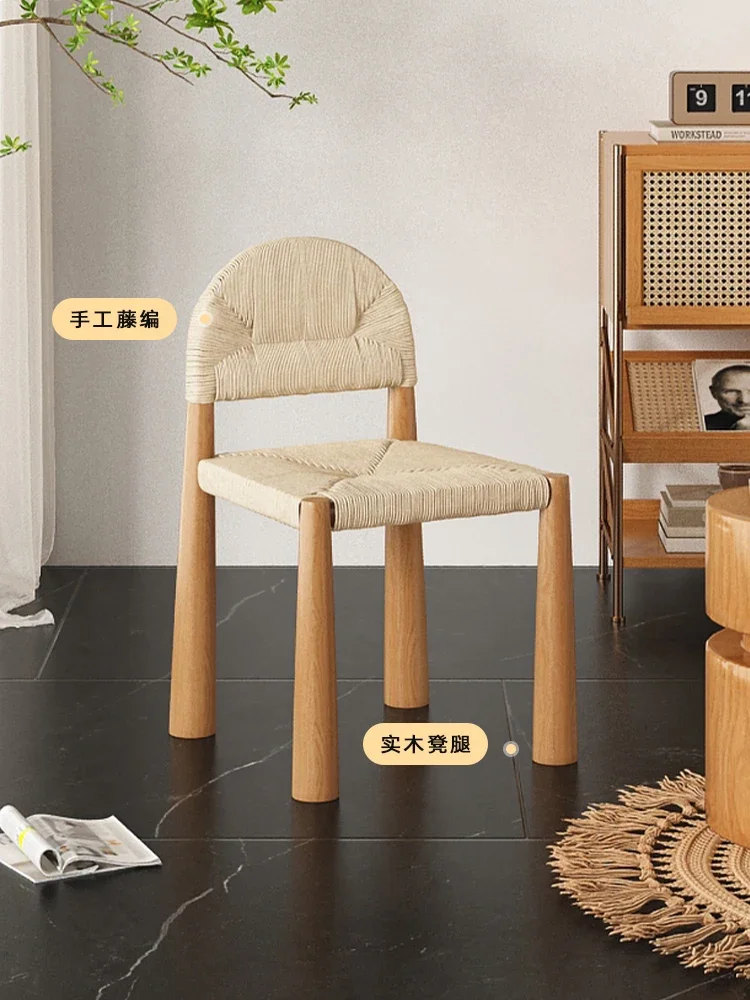 Minimalist cream style designer style retro solid wood rattan chair rope woven single back dining chair Silent style furniture