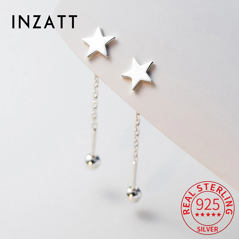 

INZATT Real S925 Sterling Silver Piercing Screw Ball Short Chain Tassel Drop Earrings for Women Star Bead Heart Fine Jewelry