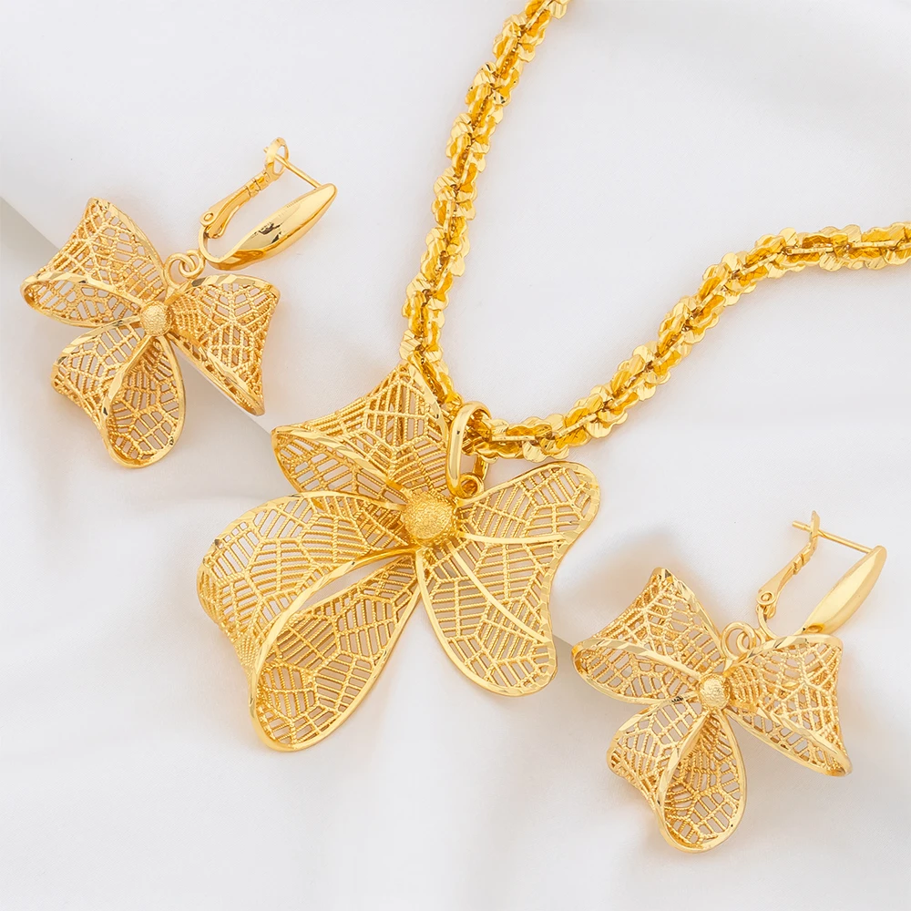 

Bow Jewelry Set for Women Necklace Bowknot Earring Exquisite Party Valentine's Day Gift Dubai Gold Plated 40 Charm Chain Jewelry