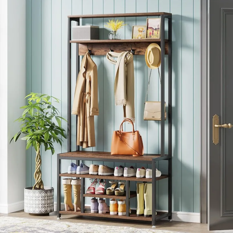 

Entryway Bench with Coat Rack, 4 IN 1 Hall Tree with Shoe Rack, Shoe Bench, 4 Hanger Hooks and Storage Shelf