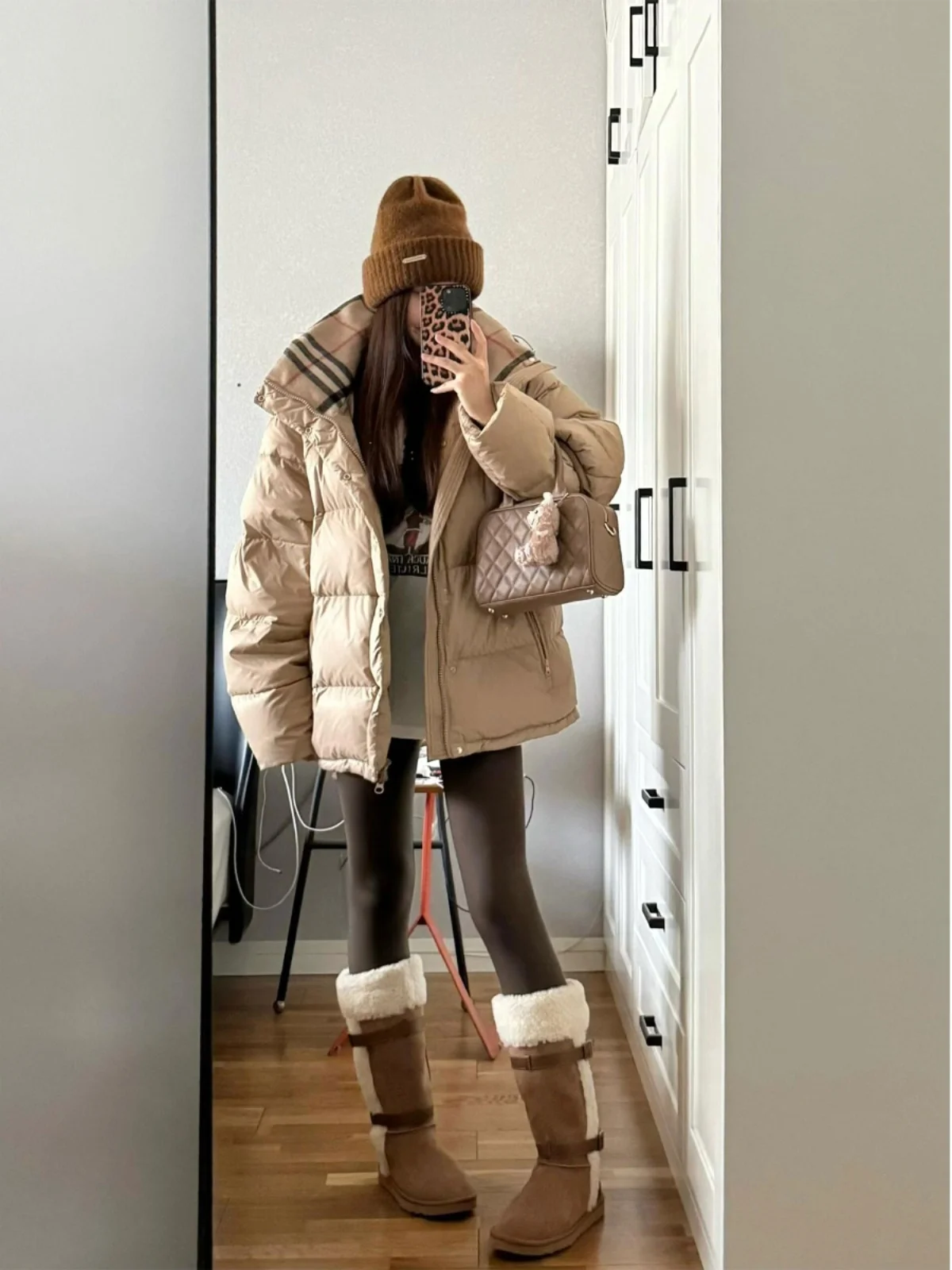 Inverno Nuovo Skk Store Cappotto da donna trapuntato e vestibilità ampia Jaet Du piumino con cappuccio Design scozzese kaki con cerniera lunga