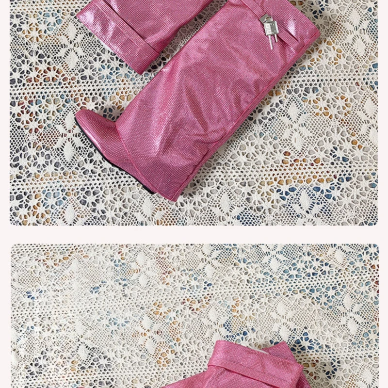 New Y2K Sparkly Rhinestone Women Knee High Boots, Glitter Pink Pointed Toe Straight Tube Wide Leg Tall Fashion Boots for Party - view 6