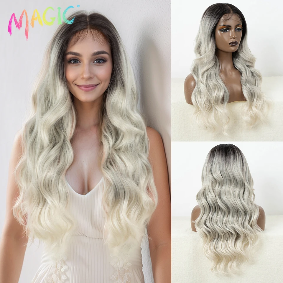 

Magic Synthetic Lace Front Wig For Women 13x7 HD Transparent Honey Blonde Ombre Grey Lace Wig 26Inch With Baby Hair Cosplay Wig