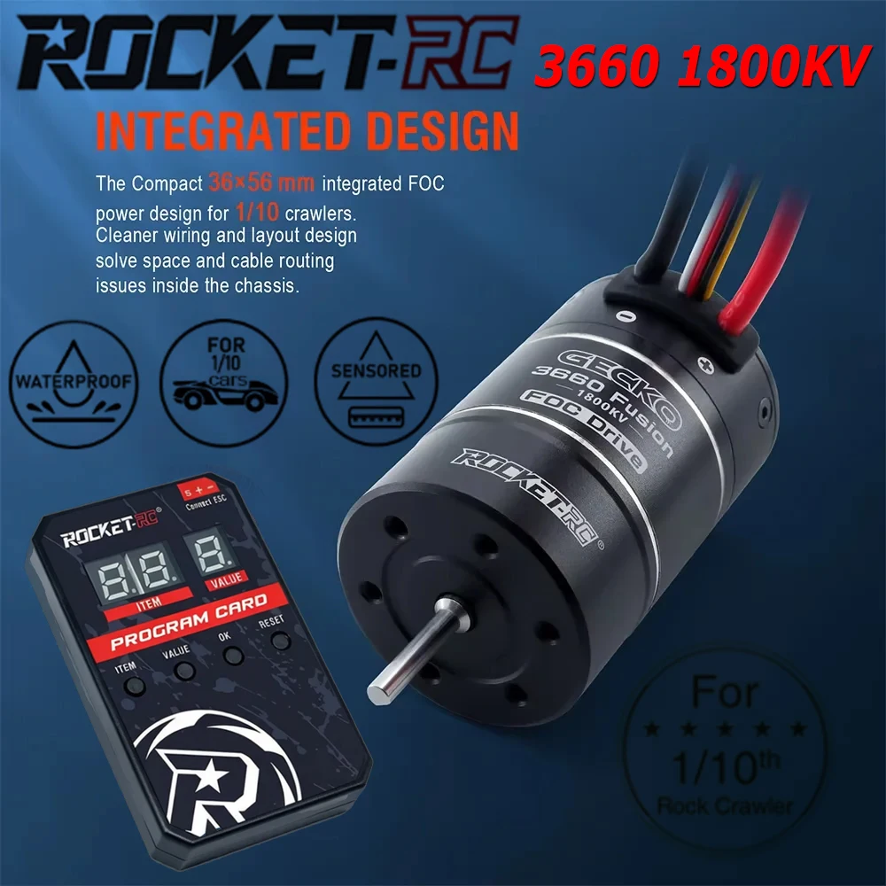 

Бесщеточный мотор GECKO ROCKET RC 3660 Fusion 1800KV с датчиками, 40A FOC, 2-в-1 ESC, водонепроницаемый, для радиоуправляемых краулеров и грузовиков масштаба 1/10