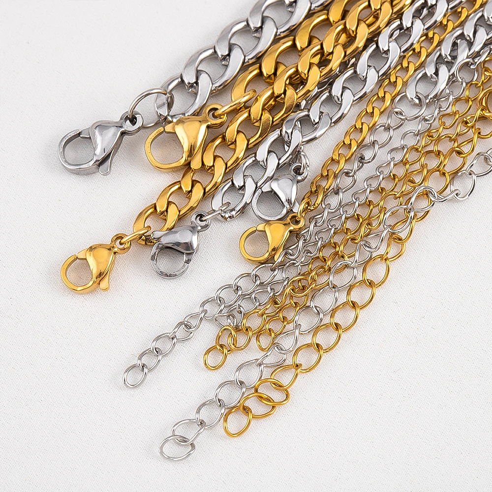 Bracelet en acier inoxydable pour hommes, largeur 3mm 5mm 7mm, chaîne cubaine, chaîne d'extension réglable, fermoir à homard, bricolage, fabrication de bijoux, 5 pièces, 2 pièces