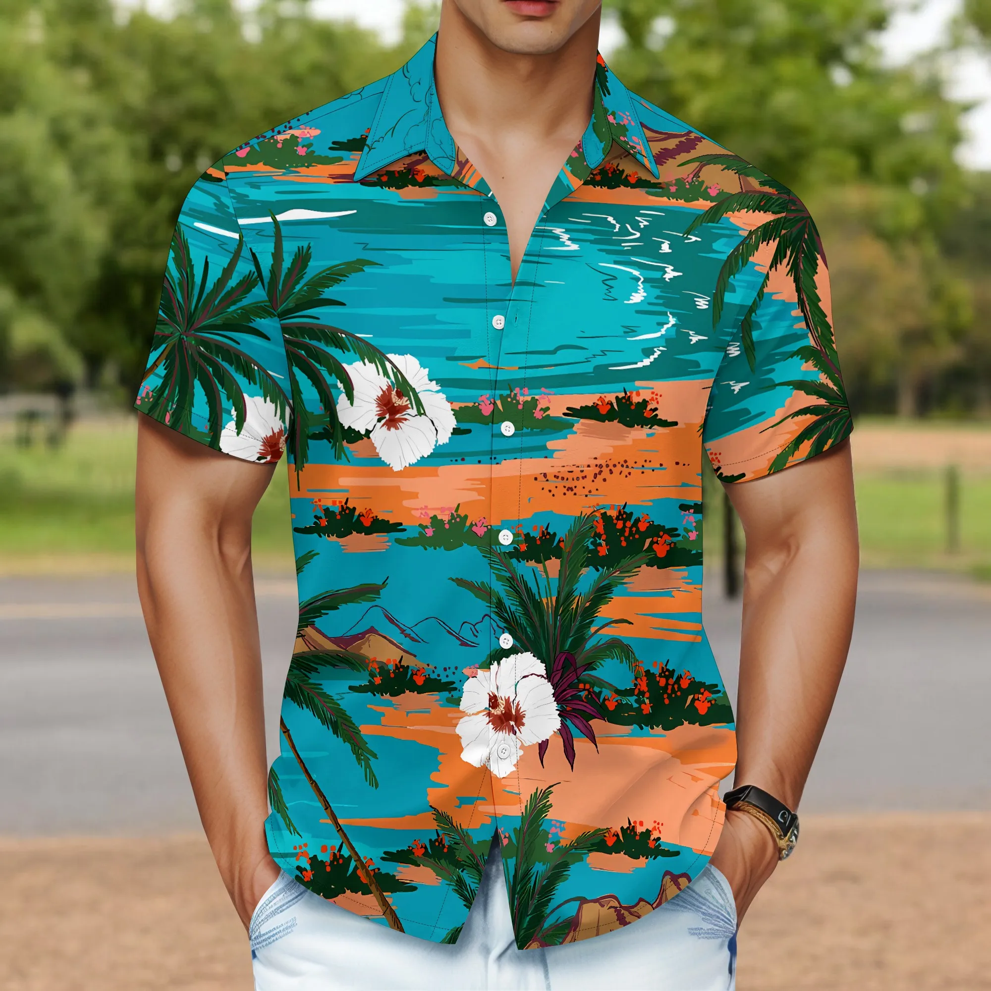 YEAE Sunset Beach Floral Print Shirt for Men Summer Casual Short Sleeve Top