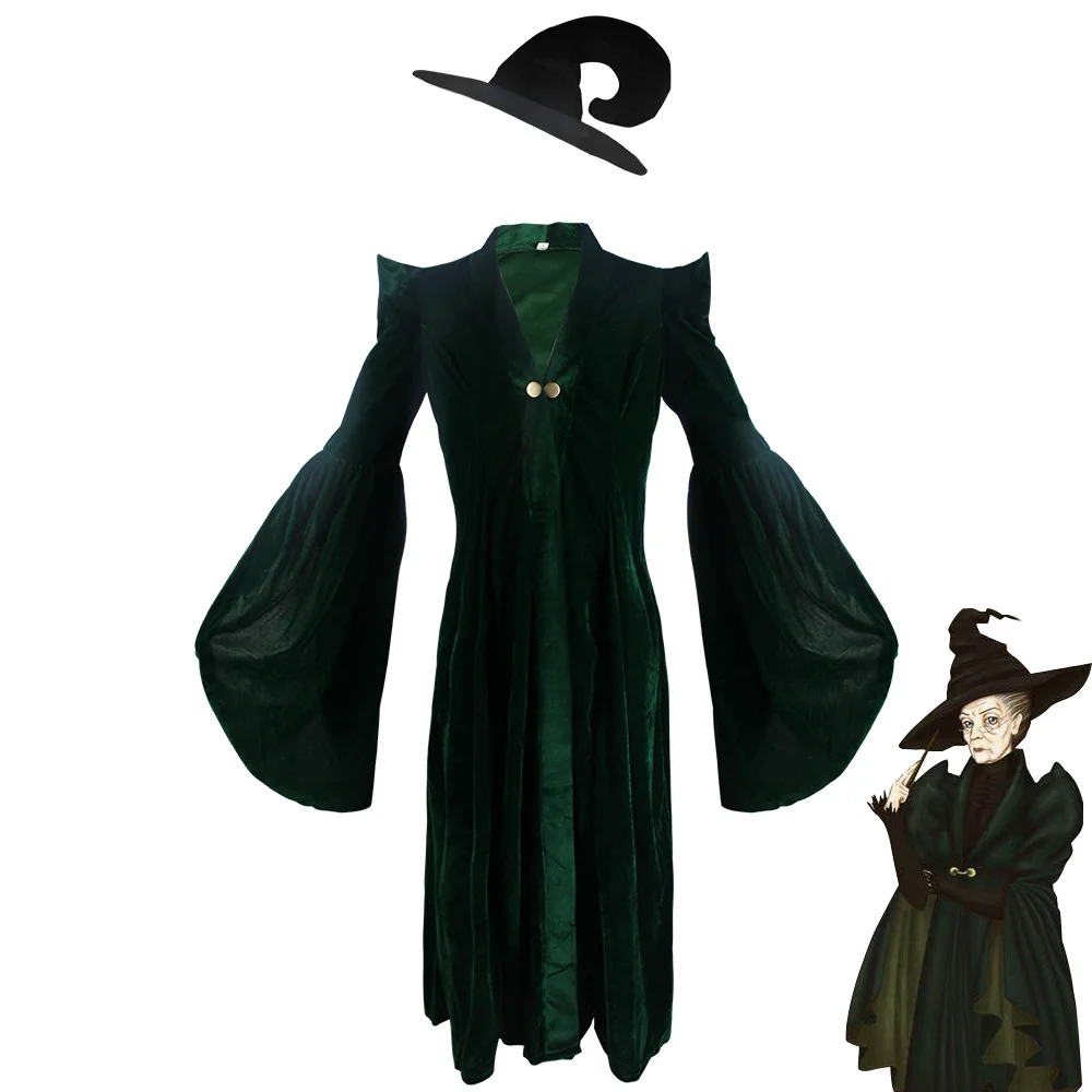 School of Witchcraft Professor Minerva McGonagall Cosplay Costumes Green Velvet Cloaks For Adult Woman Halloween Role Play Robes