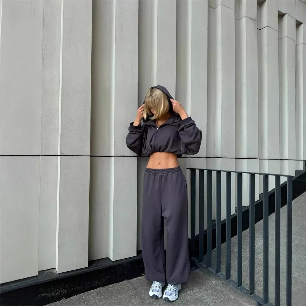 Комплект брюк Женские одинаковые комплекты Комплекты из двух предметов Топы на молнии с капюшоном Широкие длинные брюки Спортивный костюм Рабочий Y2k Уличная одежда Элегантный джоггер