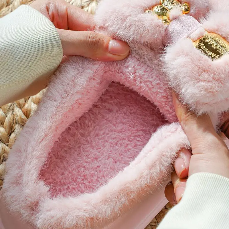 Pink Fur Clog Slippers Women Chunky Slides Shoes Thick Plush Non-Slip Home Slippers Woman Bedroom Shoes Platform Fluffy Slippers