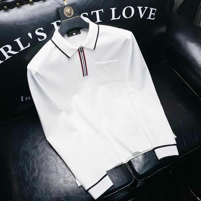 

White Slim Fit Long Sleeve Polo Shirt Men White Zipper Collar Casual Spring Summer Solid Color Trendy Men's Clothing
