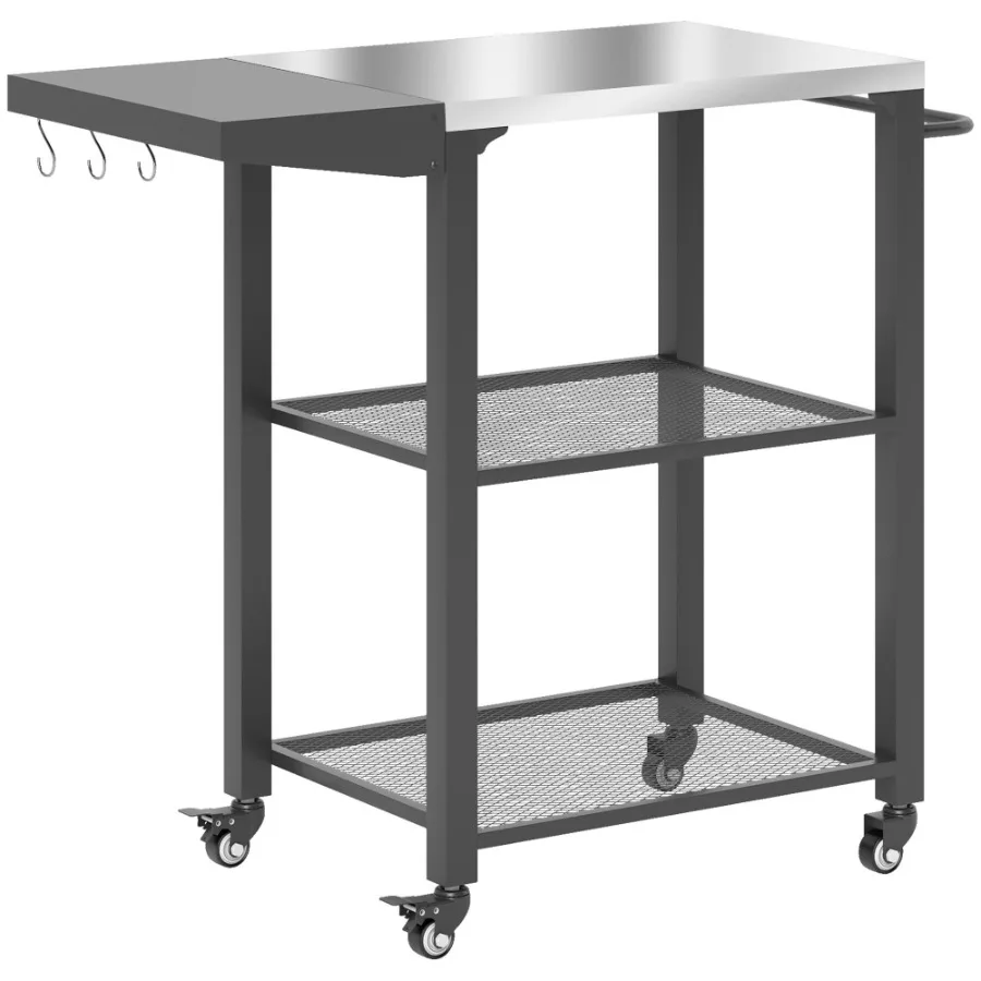 

ThreeShelf Outdoor Grill Cart Table with Foldable Side Table Stainless Steel Top Pizza Oven Stand with Hooks Silver