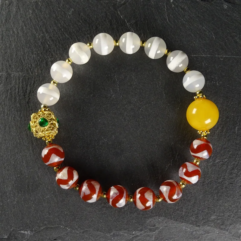 Pharmacist Honey Wax Dzi Beads, Natural Tibetan Agate Bracelet, Unisex, Approximately 8X8Mm