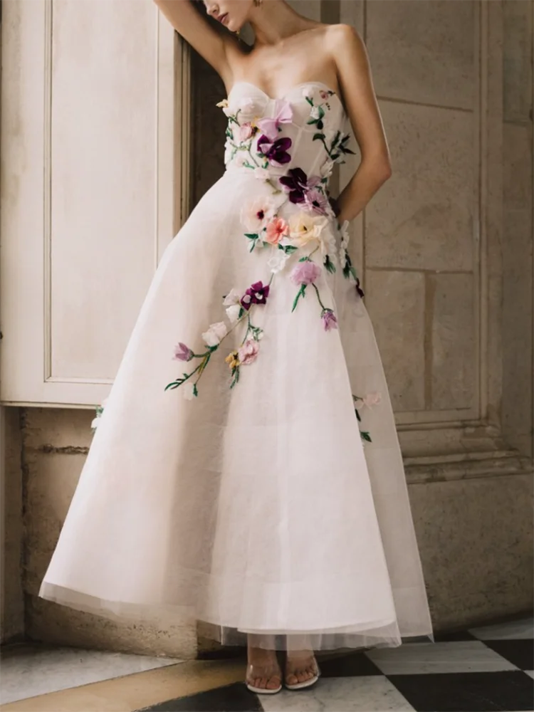 Vestido de baile de estilo bohemio para mujer, Sexy sin tirantes, sin mangas, Espalda descubierta, Floral, noche de graduación