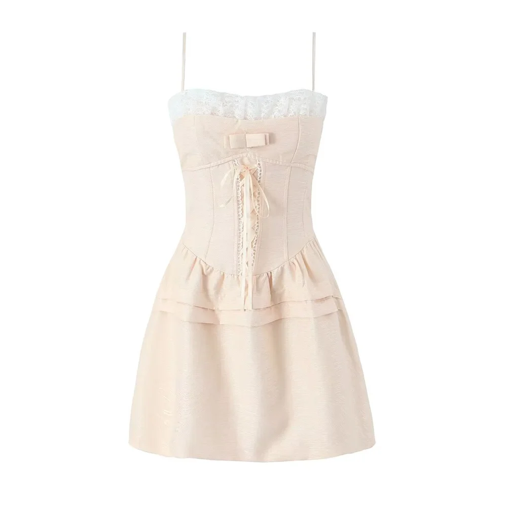 Korean Style Bow Tie Lace Suspender Dress, A-Line Short Skirt, Inner Waist, Slimming, Early Spring, New, 2024