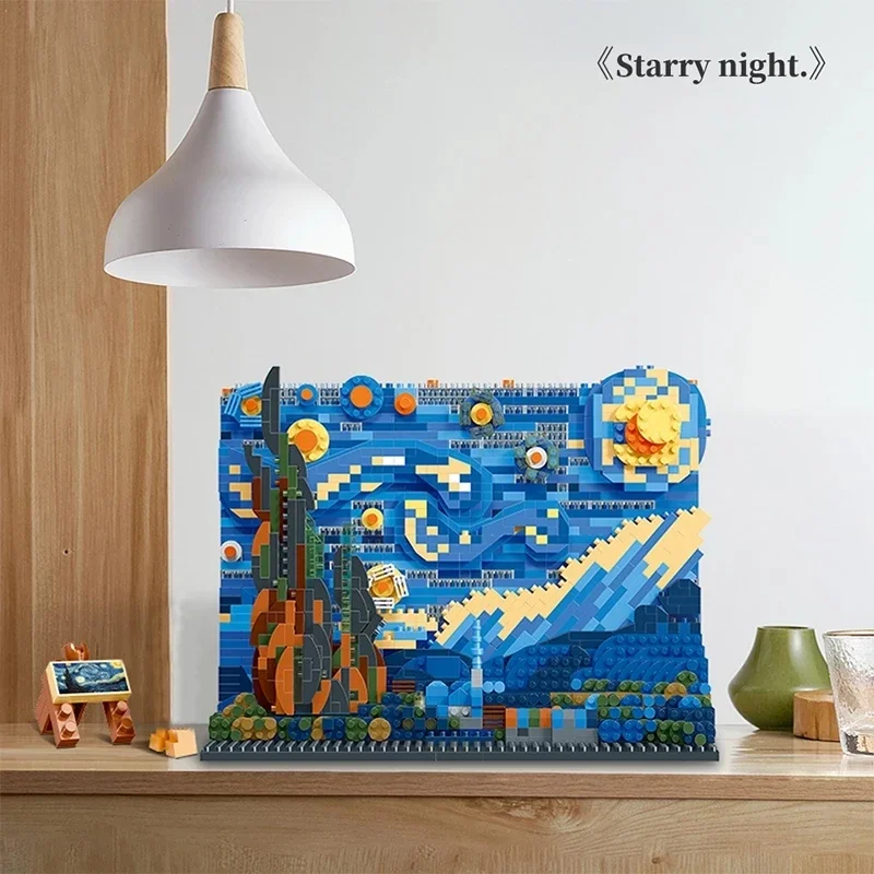 Micro blocos de construção 3D para crianças, Van Gogh, céu estrelado, noite enluarada, arte criativa, brinquedos educativos, presentes para decoração