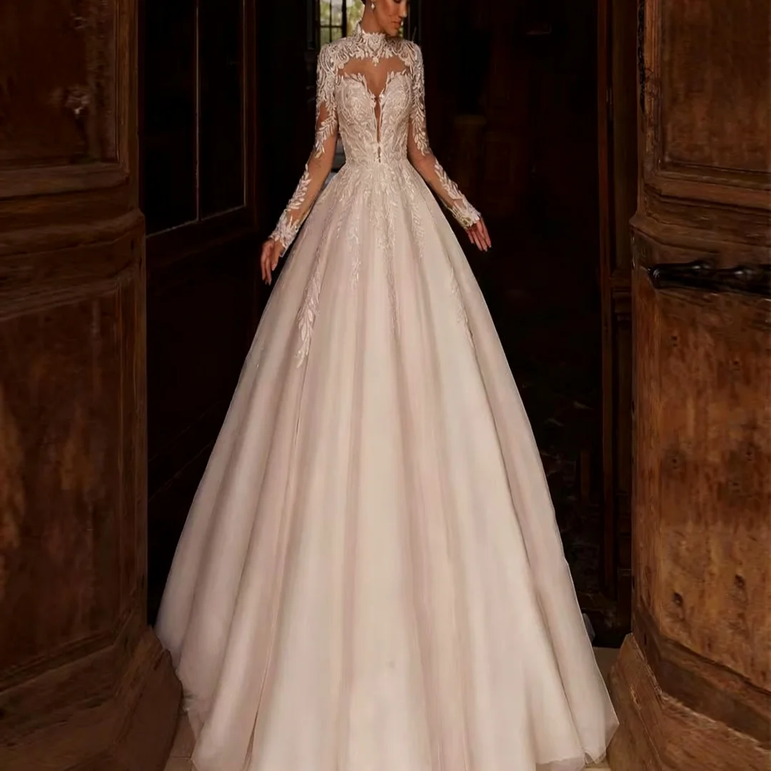 

Customized Elegant V-Neck Wedding Dresses Lace Long Sleeves Tulle Princess A-Line Bridal Gowns Formal Bride Porm Party Gowns