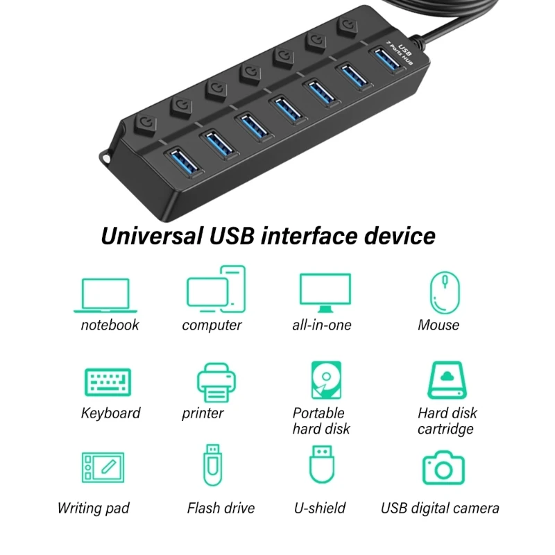 Small 7 Port USB 2.0 Hub USB Splitter with Quick Data Transfer for PC, Laptop Peripherals Expansion Plugs and Play Drop Shipping