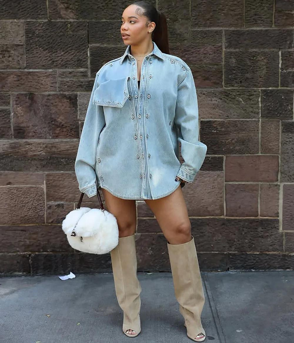 Women'S Coat Autumn Winter Casual Loose Patchwork Button Lapel Long Sleeves Denim Jacket Streetwear Lady Straight Jean Coat