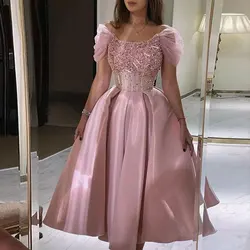 Pink Off Shoulder Evening Dresses for Women Square Neck Sweet Short Sleeved Prom Ball Gowns Homecoming Dress Empire Waist Skirt