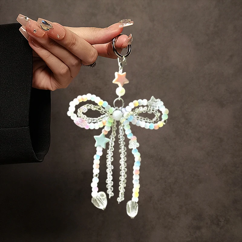 

New Korean Sweet Pearl Bow Bag Pendant Keychain Colorful Beaded Car Keyring Y2K Only Girl Backpack Pendant Gift