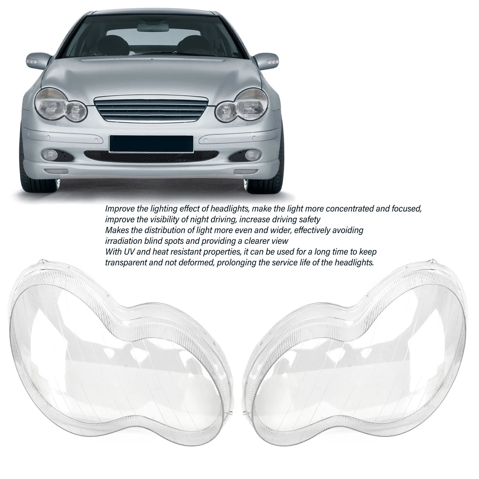 1Pair Headlamp Lens Cover Transparent High Visibility Left Right Front Headlight Lens Cover Replacement For Benz W203 C‑Class