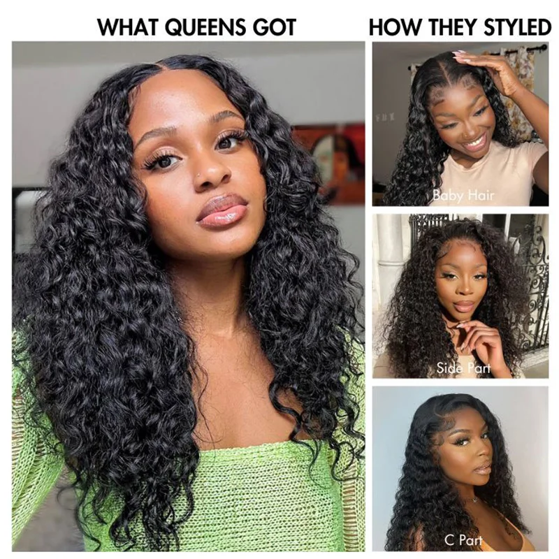 Pelucas delanteras de encaje de onda profunda 13x4 - Pelucas frontales transparentes HD de 200% de densidad - Sin pegamento, prearrancadas con pelo de bebé - Negro natural