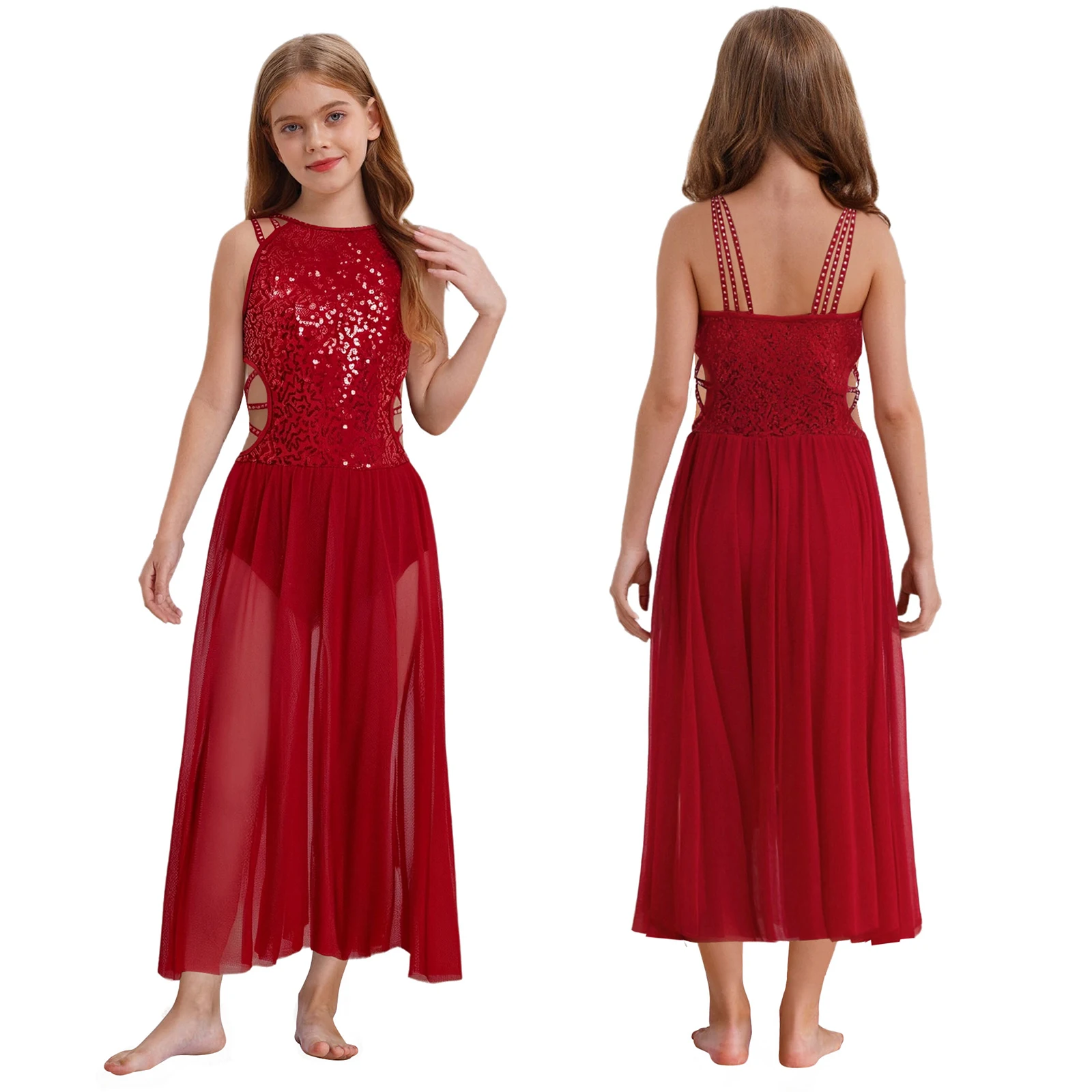 

Kids Girls Sparkly Sequins Lyrical Dance Dress Fashion Rhinestones Strappy Cutout Waist Bodice Side Split Mesh Dress Dancewear