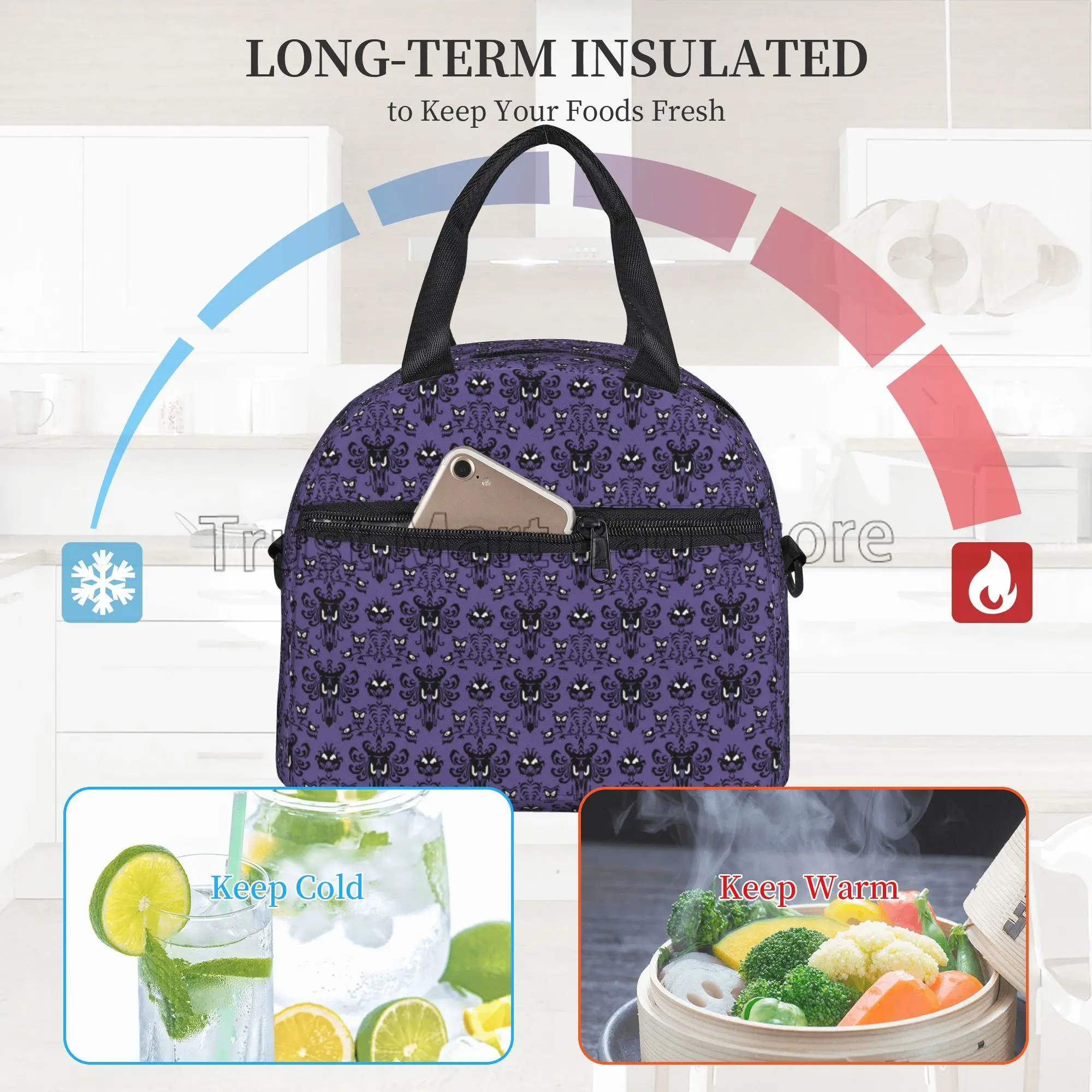 Haunted Halloween Mansion Insulated Lunch Bag Grim Grinning Ghosts Reusable Thermal Oxford Bento Tote with Adjustable Strap