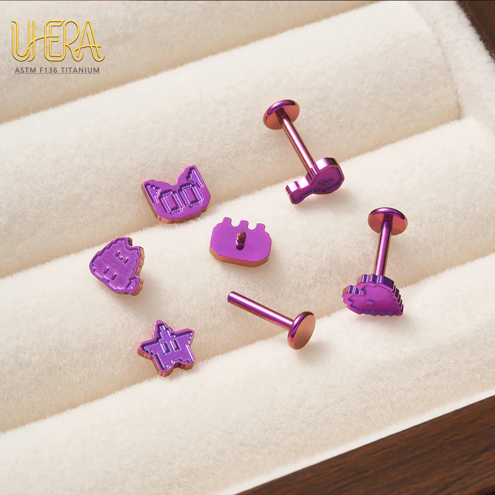 ASTM F136 G23 Titan Pixel Cartoon Labret Stud mit Innengewinde, eloxiert, für Tragus, Helix, Knorpel, Ohr, Lippe, Körperpiercing-Schmuck – Detail 3