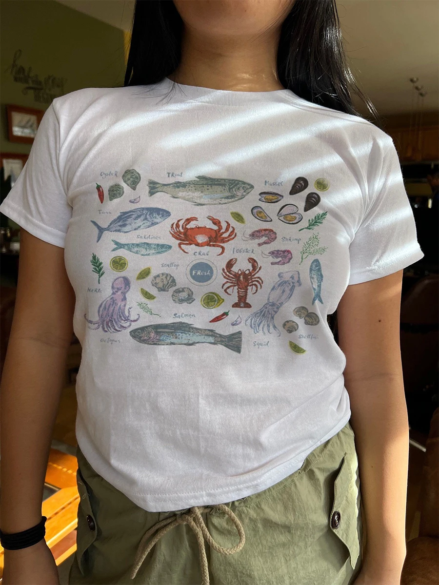 Women s Summer  Baby T-Shirt Short Sleeve Round Neck Seafood Print Short Tops