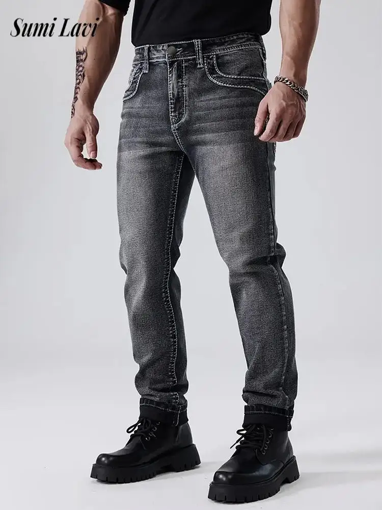 

2025 Autumn Streetwear Men's Casual Jeans Slim Fit Stretch Denim Trousers Men Retro Embroidery Patchwork Straight Jean Trousers