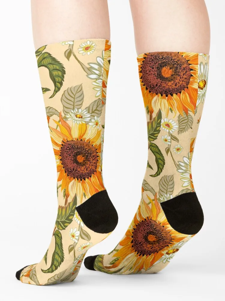 عباد الشمس 70s خمر الذهبي نمط الرجعية، الزهور الصفراء والبرتقالية الجوارب الثلوج الأحذية بالجملة الجوارب الرجال النساء #4