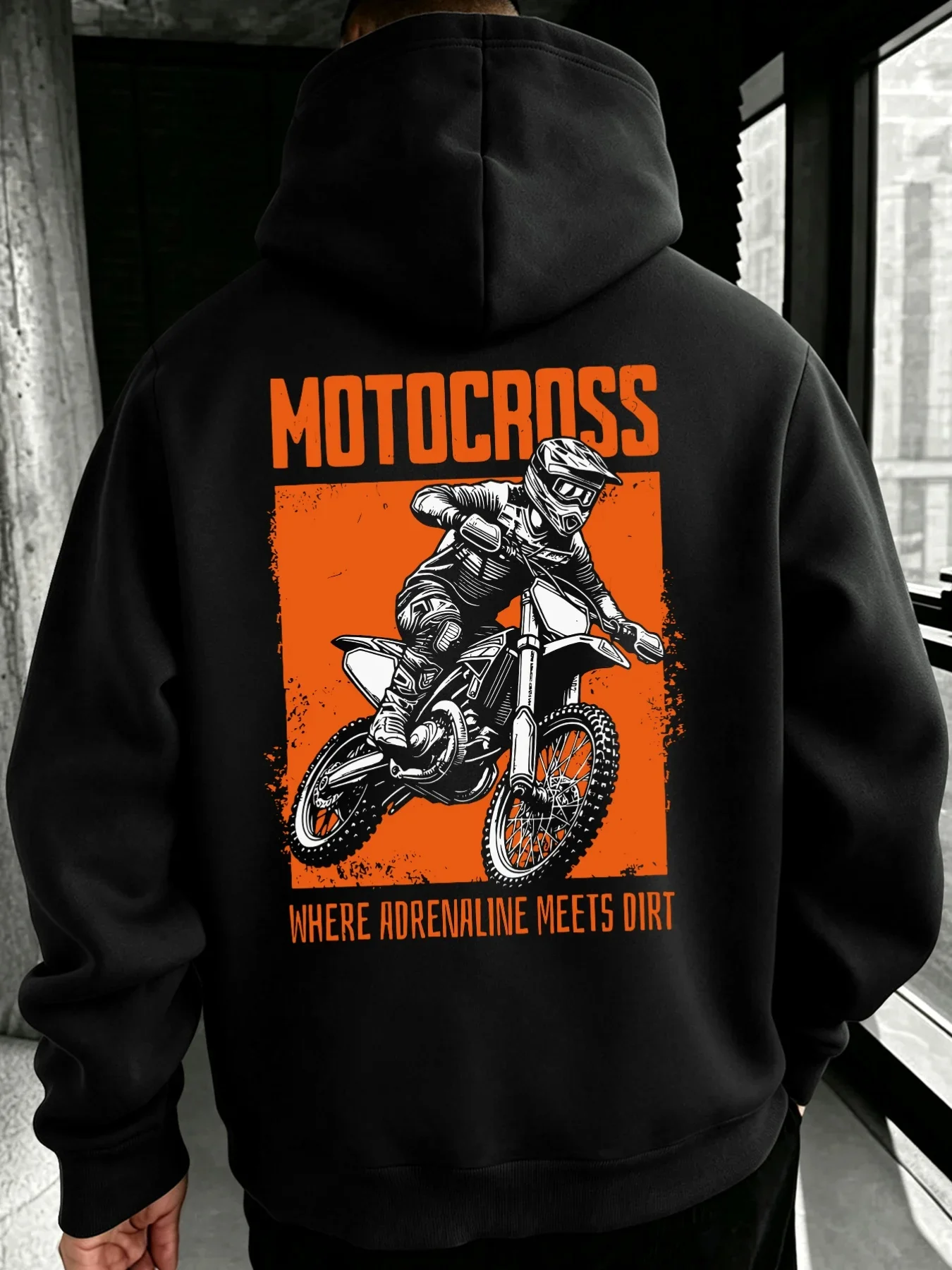 Men's Graphic Hoodie Motocross Biker Orange Box Print Vintage Racing High Street Oversized Sweatshirt Suitable for Streetwear
