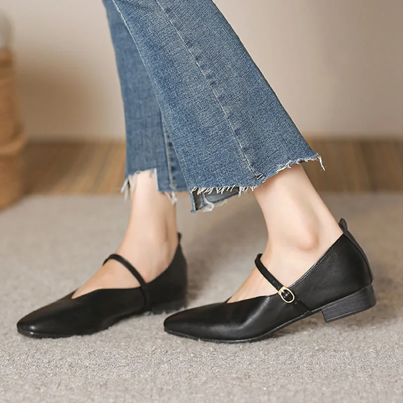 2023 Retro Women's Pumps Soft Microfiber Leather Single Shoes Fashion Shallow Buckle Mary Jane Heels Low Square Heel Daily Pumps