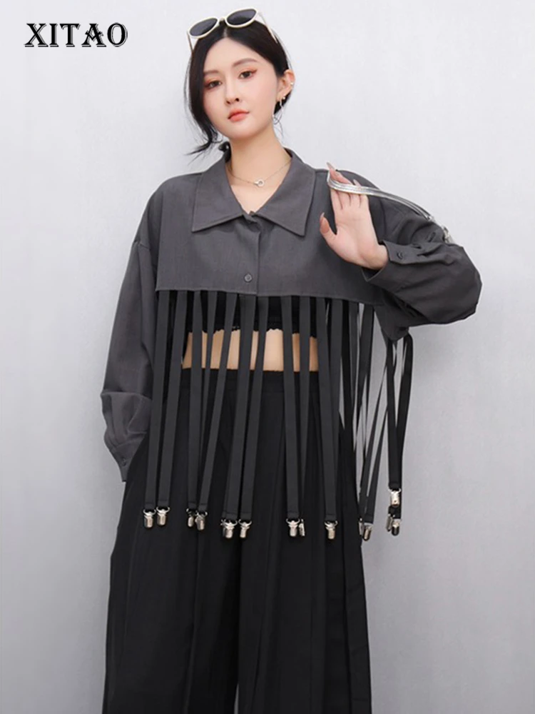 

XITAO Patchwork Tassels Lapel Single Breasted Shirt Casual Loose Fitting Full Sleeve New Summer Personality Shirt GYX1619