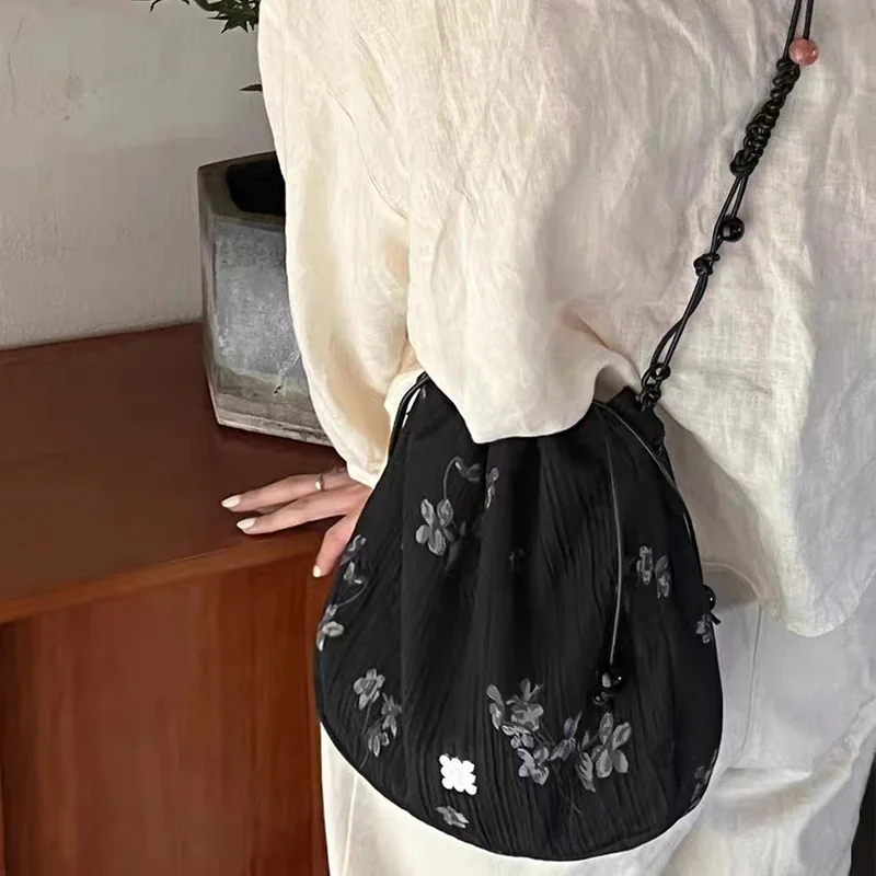 Bolso de hombro Vintage con estampado Floral para mujer, bandolera de tela de lona con cuentas tejidas, bolsos pequeños negros