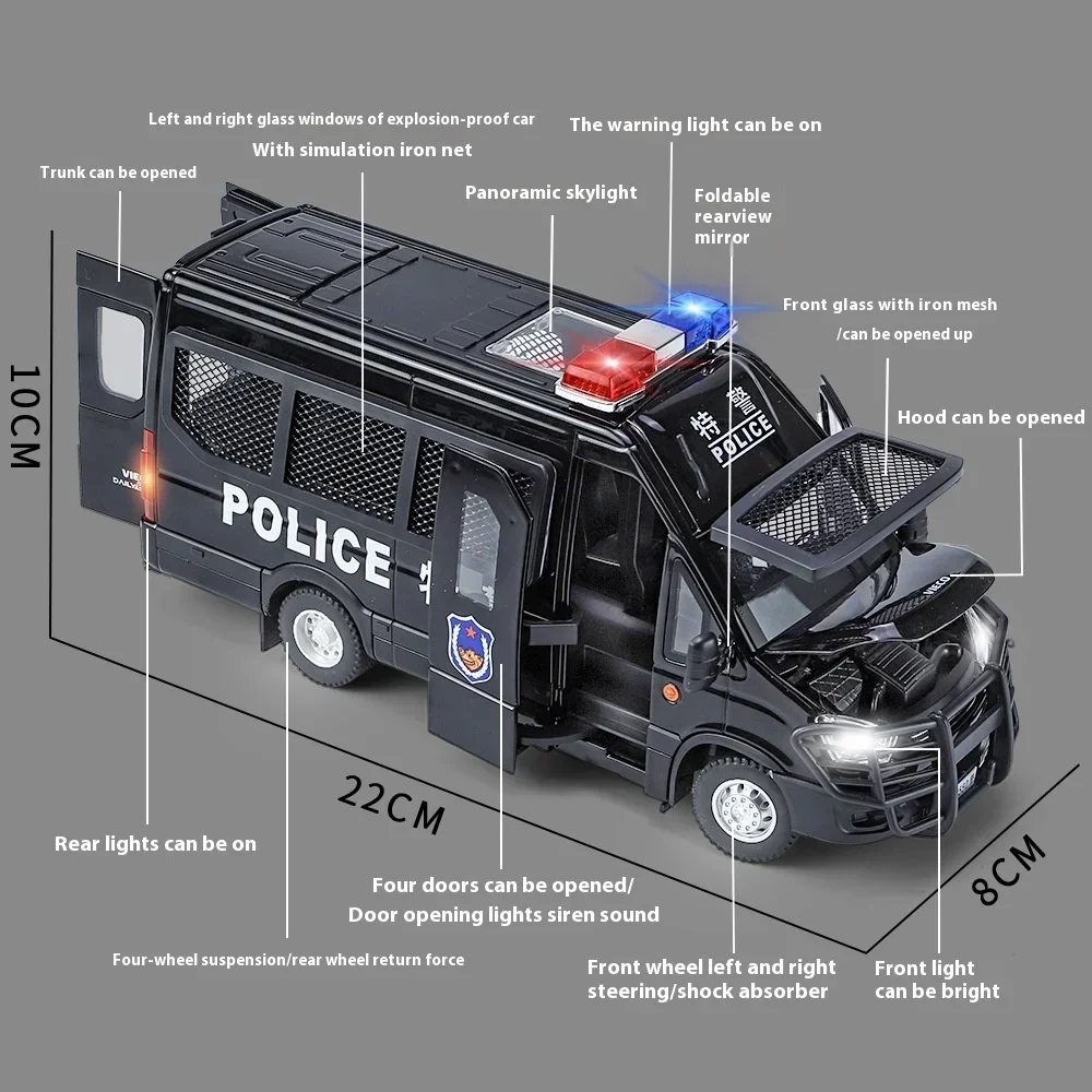 Coche de aleación de policía IVECO a escala 1:24, modelo de Metal fundido a presión, sonido y luz, juguete extraíble, adornos interiores, juguetes para niños, regalos Doiplay