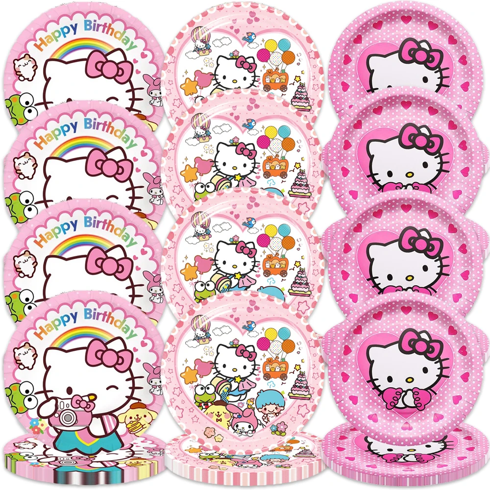 10pcs/lot Hello Kitty Theme Dishes Plates Happy Birthday Party Girls Kids Favors Decorations Baby Shower Tableware