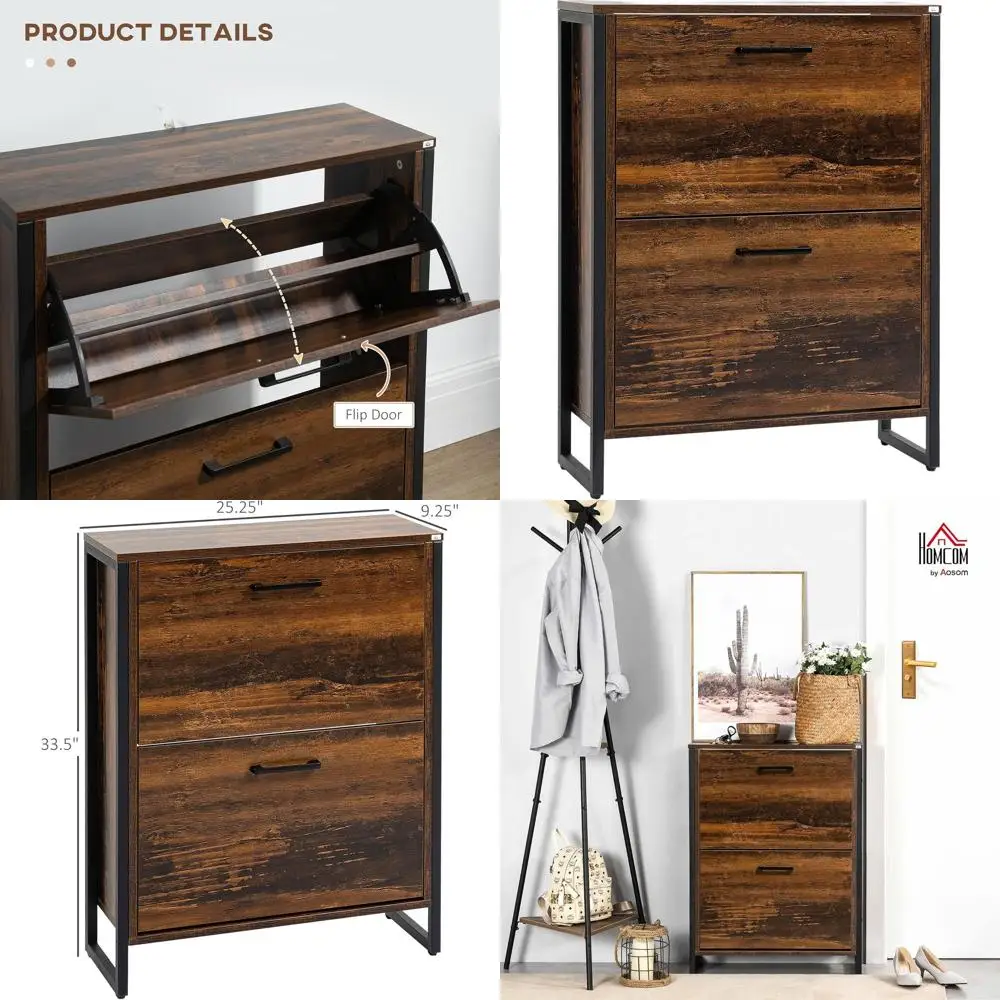 

Rustic Brown Slim Shoe Cabinet for 12 Pairs - Freestanding Storage for Entryway & Hallway