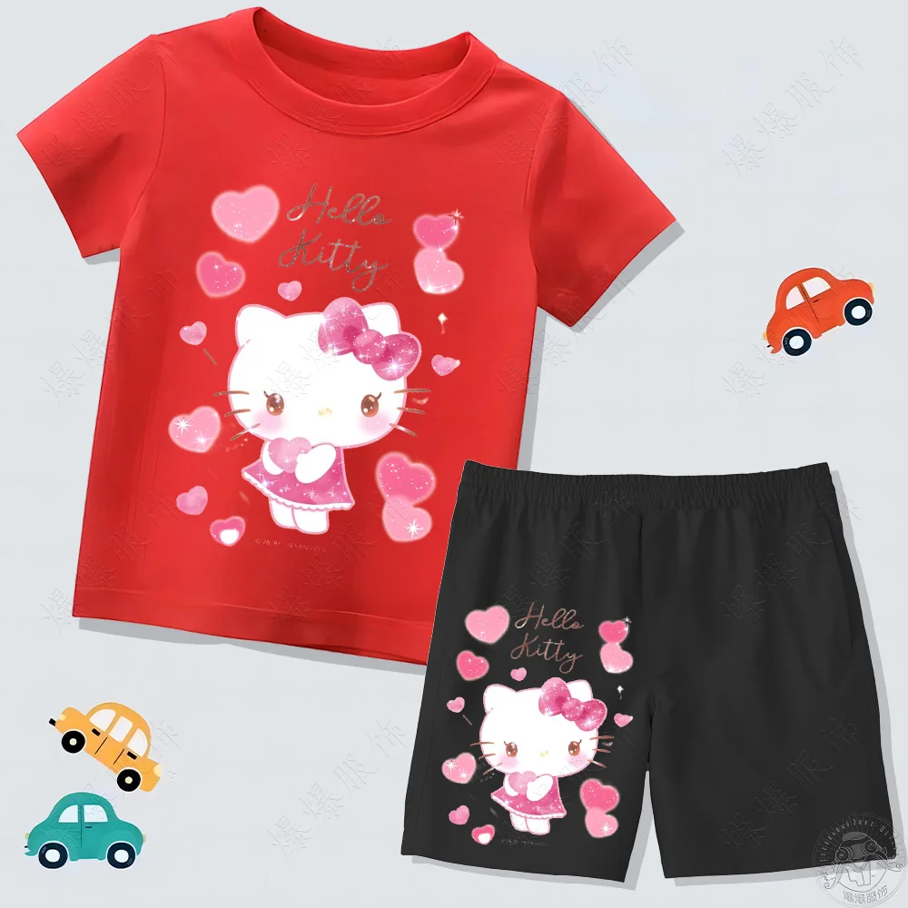 2024 New boys and girls fun set crew neck pullover Tee Cute Print Comfortable Skin Breathable cartoon top with pants Practical c