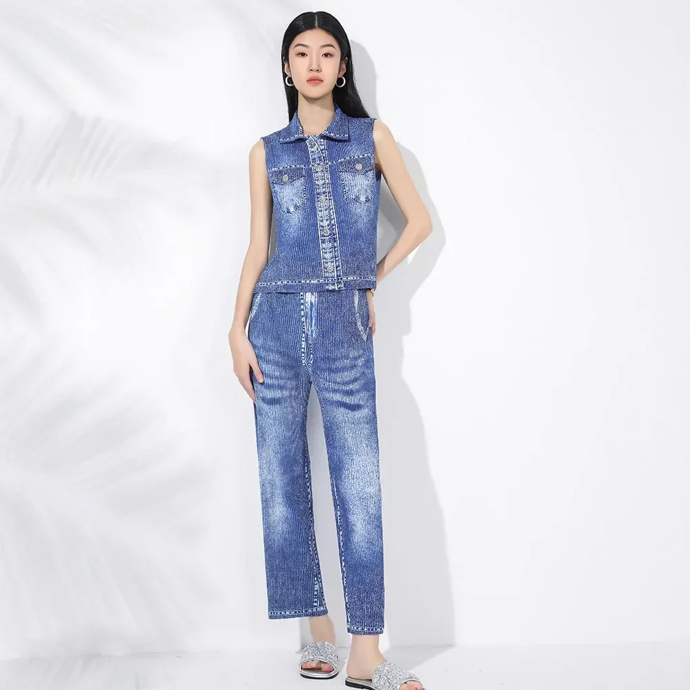 Miyake Pleated High-end Fashion Casual Suit Women 2025 New Denim Color Buttoned Square Collar Vest Straight Pants Two-piece Set