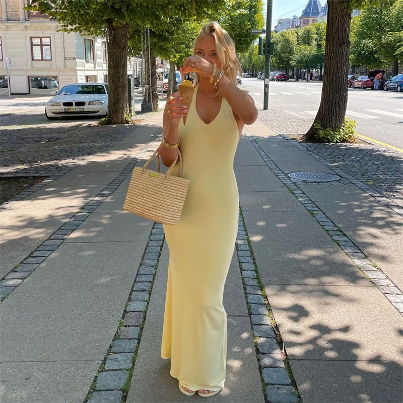 

Halter Backless Lace Up Women's Autumn Evening Dress Sleeveless High Split Bandage Gown Yellow Sheath Slim Party Skirt Newest
