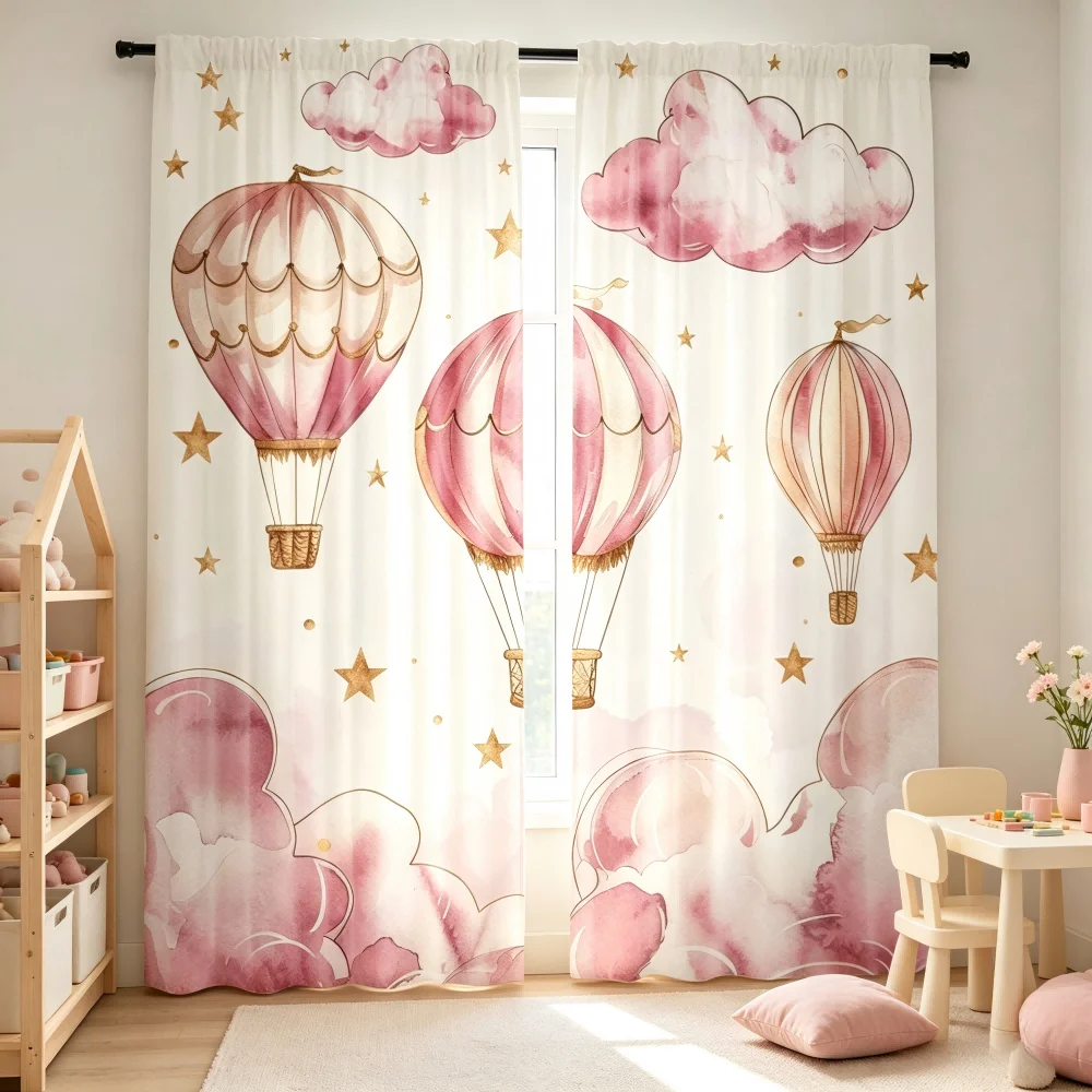 2PCS Digital Printed Curtain, Pink Hot Air Balloon Clouds and Stars, Dreamy Romantic Style Window Drapes for Girls Bedroom