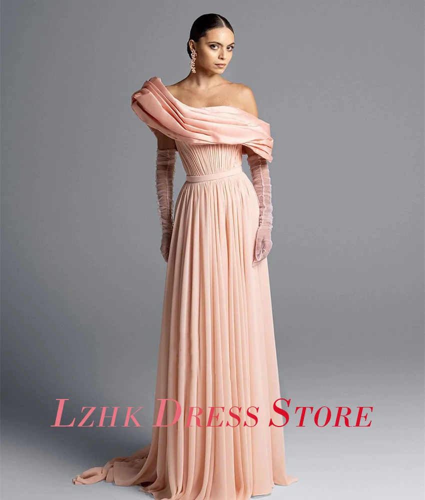 تخصيص رشيقة الشيفون ألف خط قبالة الكتف المتدرج حزام مساء اللباس حساسة طويلة الأكمام الطابق طول فساتين لحضور الحفلات الموسيقية