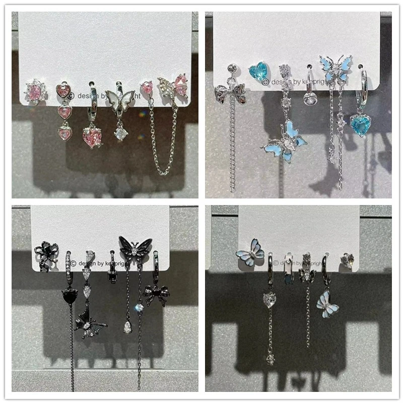 

6PCS Pink Crystal Rhinestone Butterfly Heart Earring Set For Women Girl Vintage Aesthetic Trendy Y2K Goth Jewelry Accessories