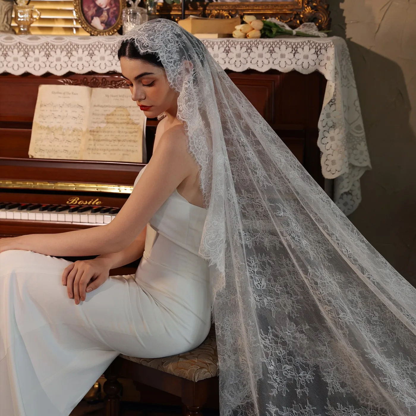 230CM Elegant One Layer Soft Lace Bridal Veil Court Train Long Marriage Wedding Accessories