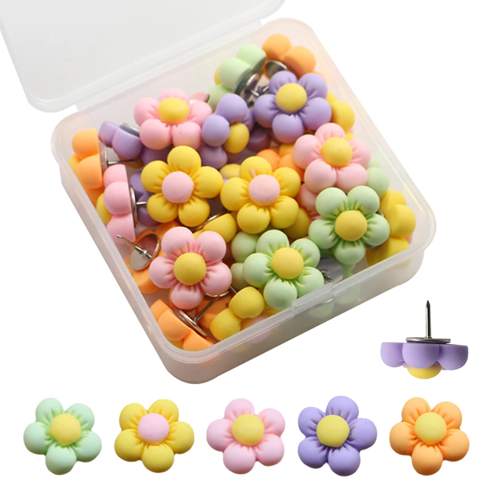 30pcs Durable Decorative Flower Shape Photos Push Pins School Students Office Bright Wall Hanging Lightweight Colorful Cute