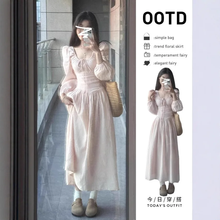 

【New style】Early autumn French pink long-sleeve dress children put in early autumn new waist-shrinking slimming temperament ski